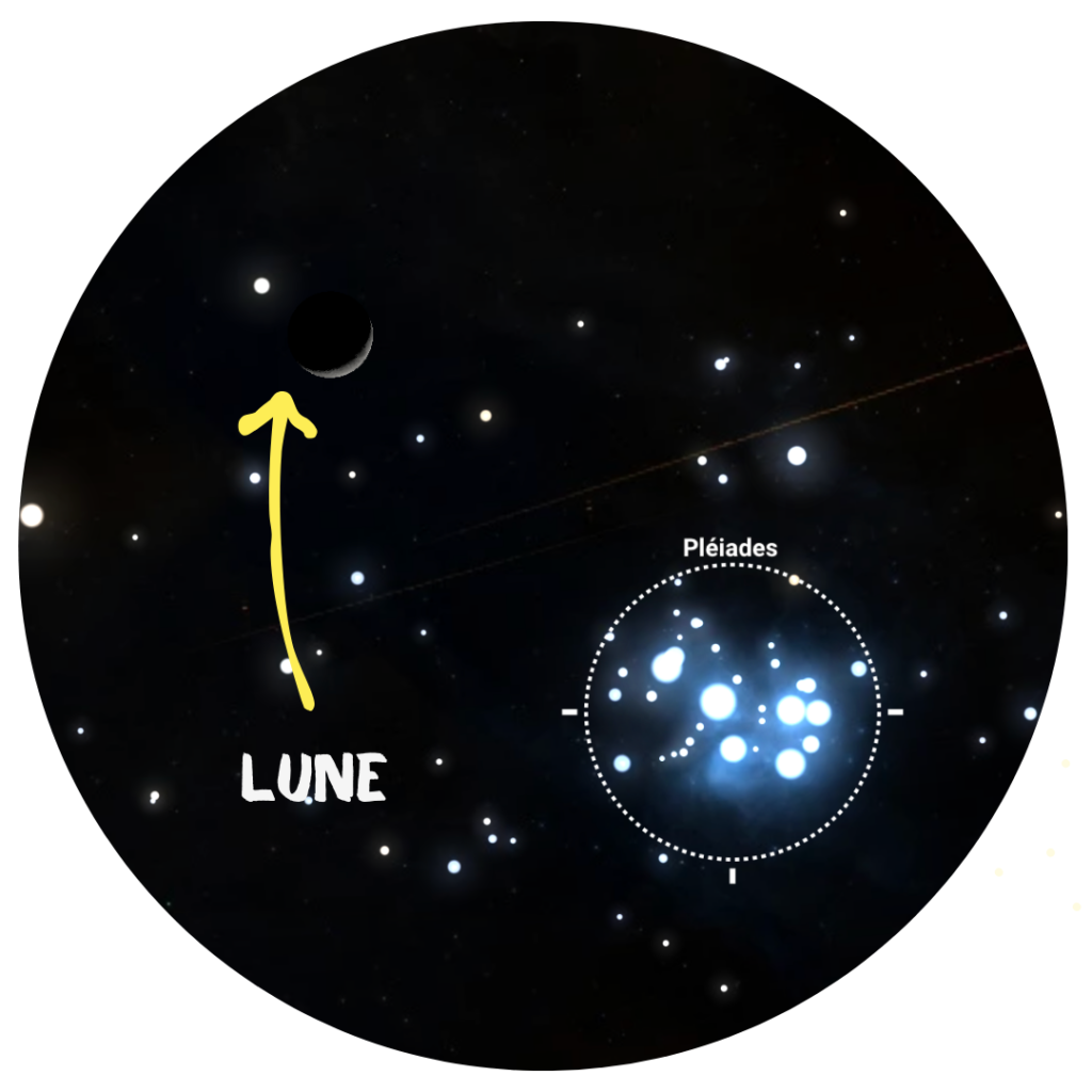 Vers 22h, la lune va passer à gauche des Pléiades ©Stellarium 